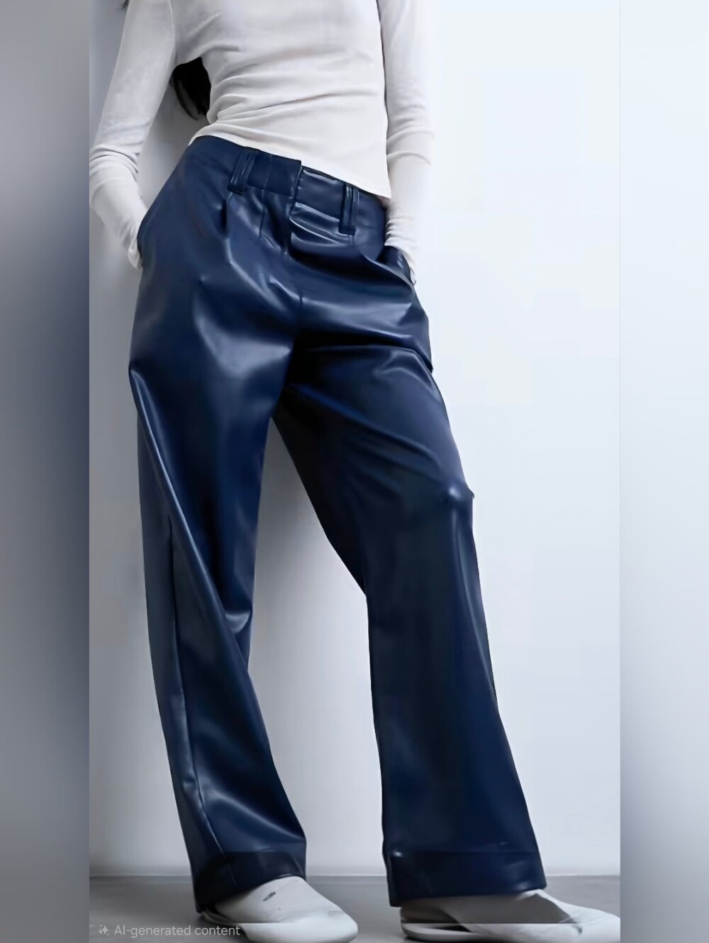 Topshop Wide-Leg Faux Leather Pants in Navy Blue
